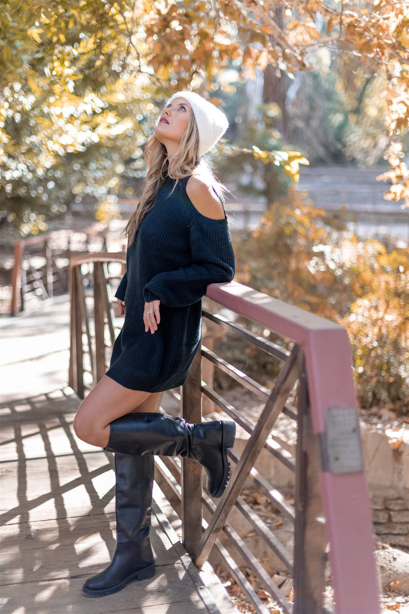 Crisp Air Cut Out Shoulder Sweater Dress - Black - Finding July