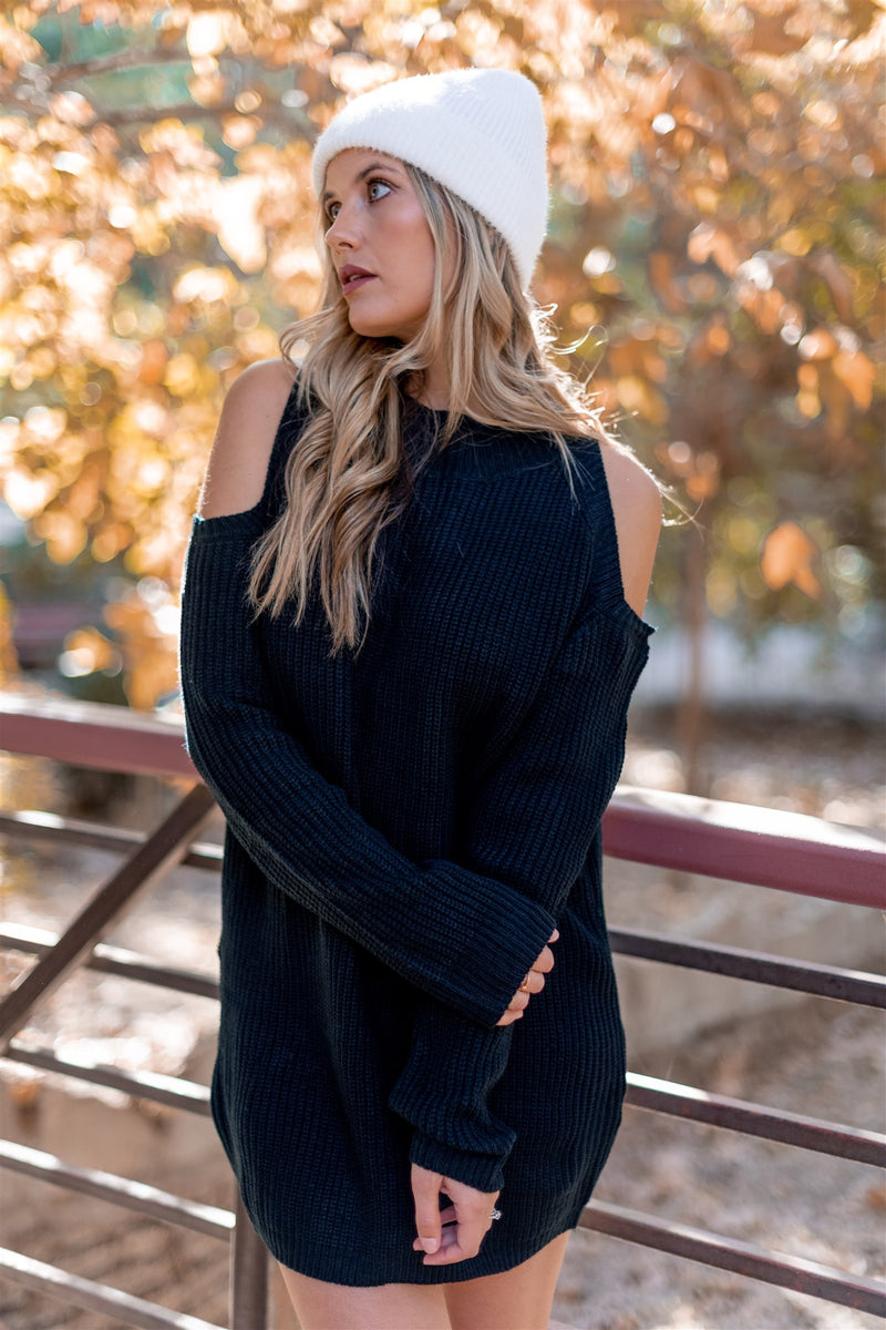 Crisp Air Cut Out Shoulder Sweater Dress - Black - Finding July